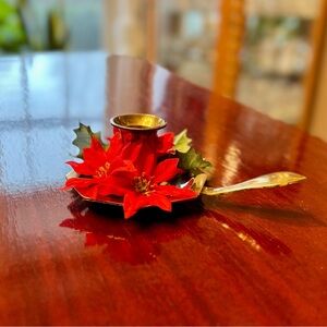 Vintage Brass Chmberstick Candle Holder with Poinsettia Flower
